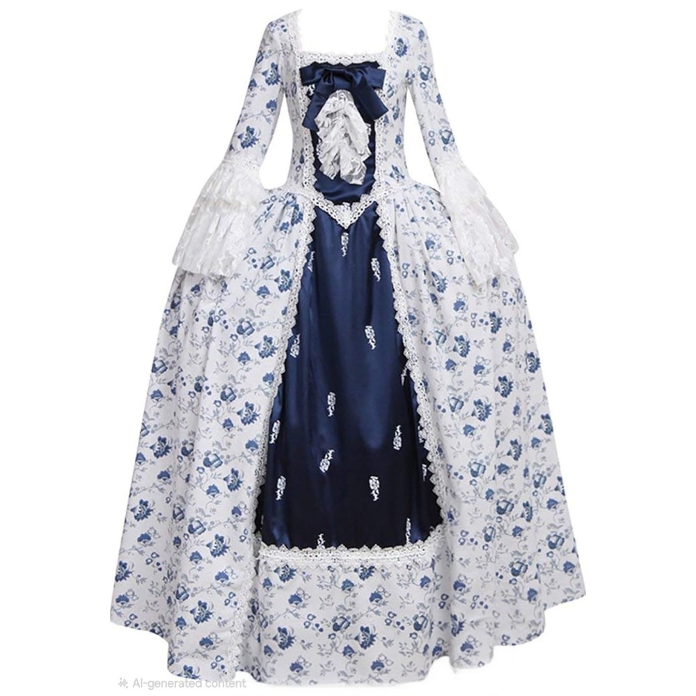 Vintage Renaissance Floral Lace Maxi Dress Blue White Toile Marie Antoinette XS